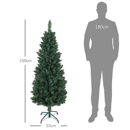 HOMCOM Árvore de Natal Estreita Árvore de Natal Tipo Lápis de 150 cm com Base Dobrável e 317 Ramos para Escritório Verde