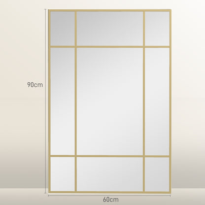 HOMCOM Espelho de Parede Retangular Espelho Estilo Janela 90x60 cm com Moldura de Metal Espelho Decorativo para Sala Quarto Entrada Dourado