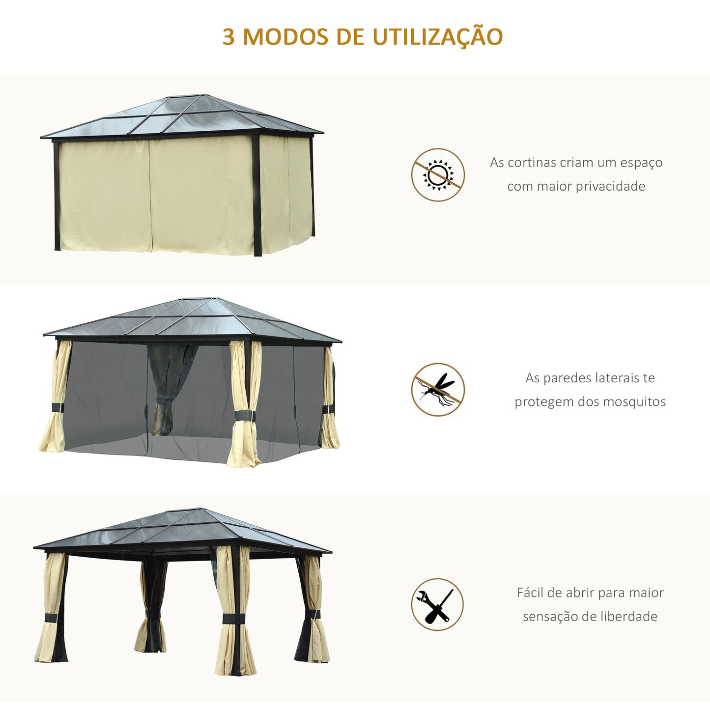 Outsunny Pérgola de Jardim 4,3x3,6m Pérgola de Alumínio de Exterior com Teto de Policarbonato 4 Cortinas Laterais e 4 Telas Mosquiteiras com Zíper para Festas Eventos Marrom e Bege