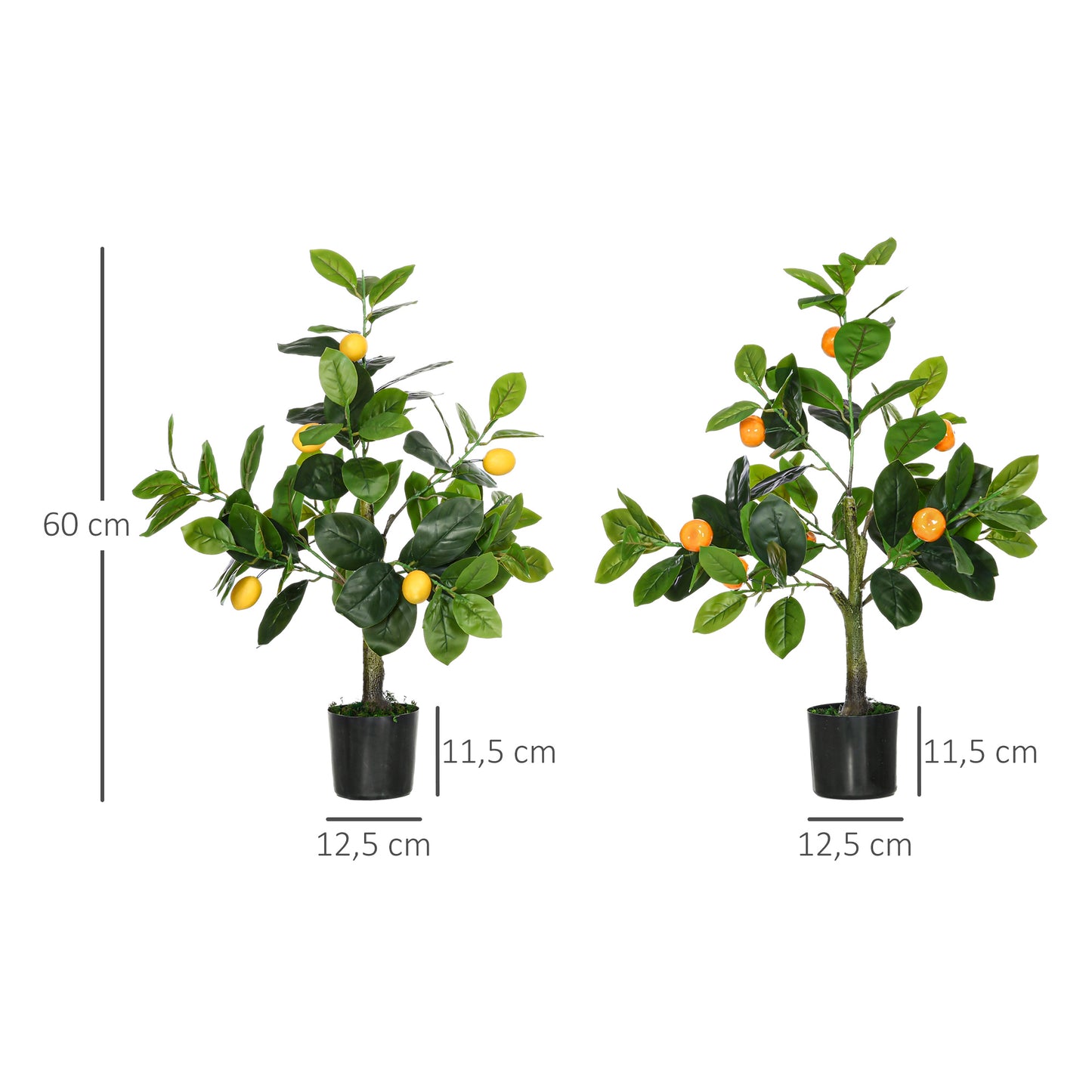 HOMCOM Conjunto de 2 Plantas Artificiais Decorativas Limoeiro e Laranjeira Artificiais de 60 cm com Vaso Plantas Sintéticas para Decoração de Casa Verde