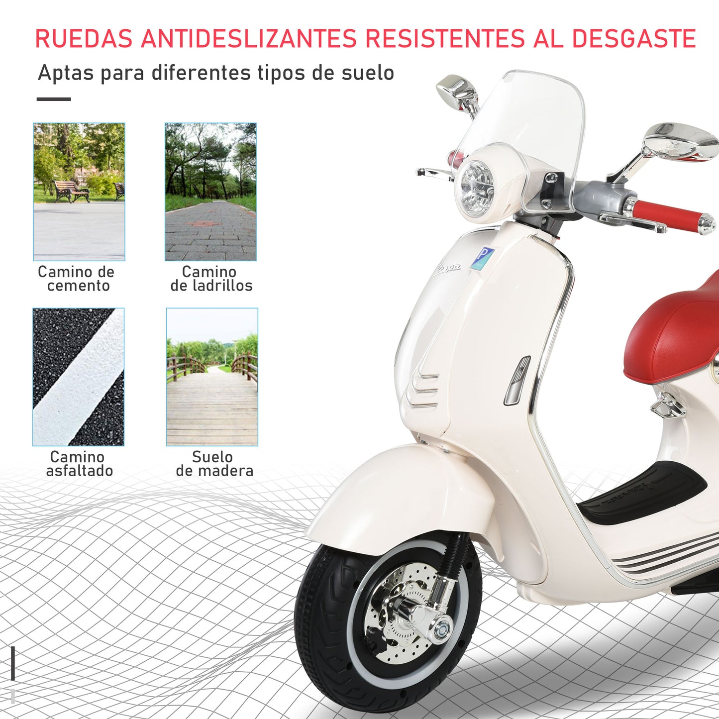 HOMCOM Mota Elétrica Vespa com Faróis Música 2 Rodas Auxiliares para Crianças acima de 3 Anos Mota Elétrica Infantil 108x49x75 cm Branco