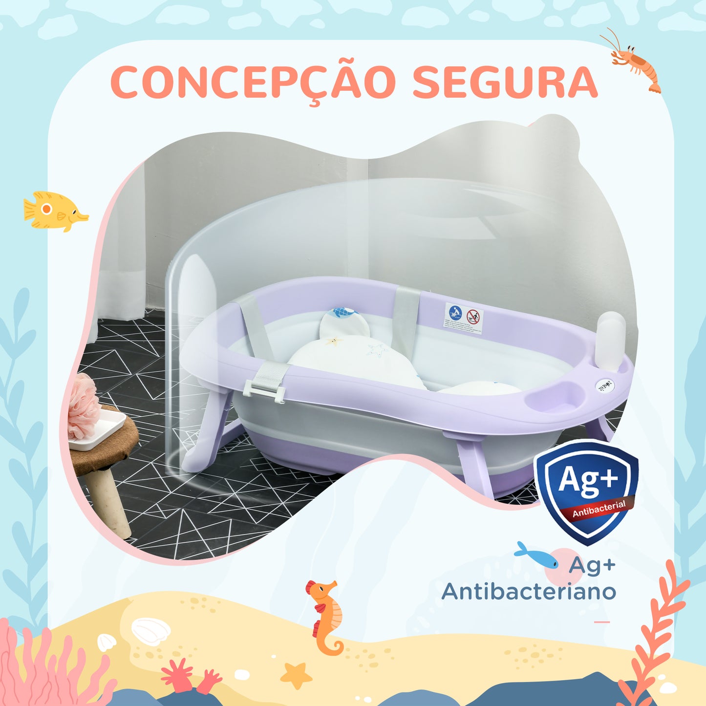 ZONEKIZ Banheira para Bebé Recém Nascido Dobrável 40L com Almofada Pés Antiderrapantes Orifício de Drenagem e Suporte para Duche 83x48x23,5 cm Roxo