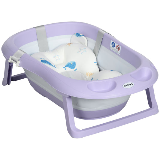 ZONEKIZ Banheira para Bebé Recém Nascido Dobrável 40L com Almofada Pés Antiderrapantes Orifício de Drenagem e Suporte para Duche 83x48x23,5 cm Roxo