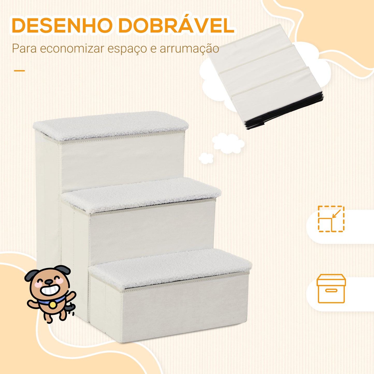 PawHut Escada para Animais de Estimação de 3 Degraus Dobrável com Tampa e Espaço de Armazenamento Escada para Cães Gatos Pequenos para Cama Sofá 40x54x48cm Branco