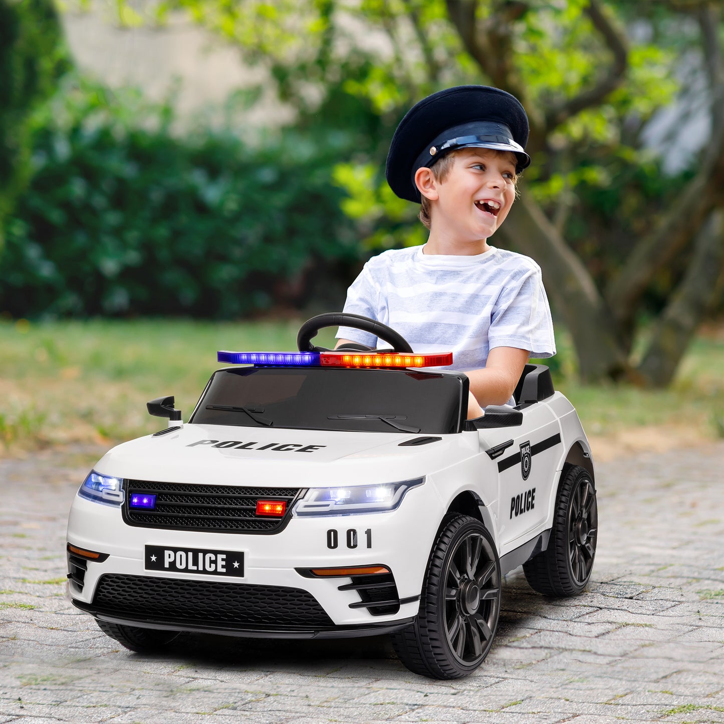 AIYAPLAY Carro Elétrico para Crianças acima de 3 Anos Carro Elétrico Infantil de Policia com Bateria 12V Controlo Remoto Farol Buzina Sirene Música e Roda de Treino 112x66x50 cm Branco