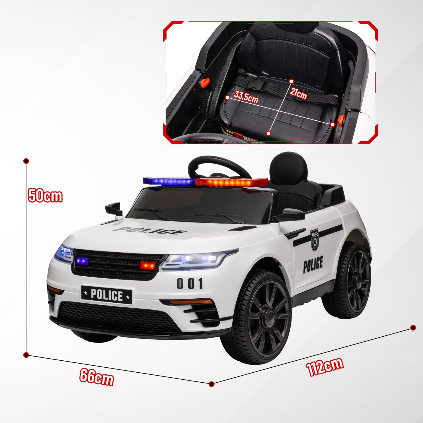 AIYAPLAY Carro Elétrico para Crianças acima de 3 Anos Carro Elétrico Infantil de Policia com Bateria 12V Controlo Remoto Farol Buzina Sirene Música e Roda de Treino 112x66x50 cm Branco