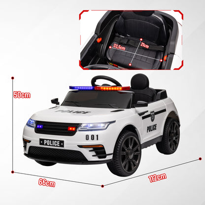 AIYAPLAY Carro Elétrico para Crianças acima de 3 Anos Carro Elétrico Infantil de Policia com Bateria 12V Controlo Remoto Farol Buzina Sirene Música e Roda de Treino 112x66x50 cm Branco