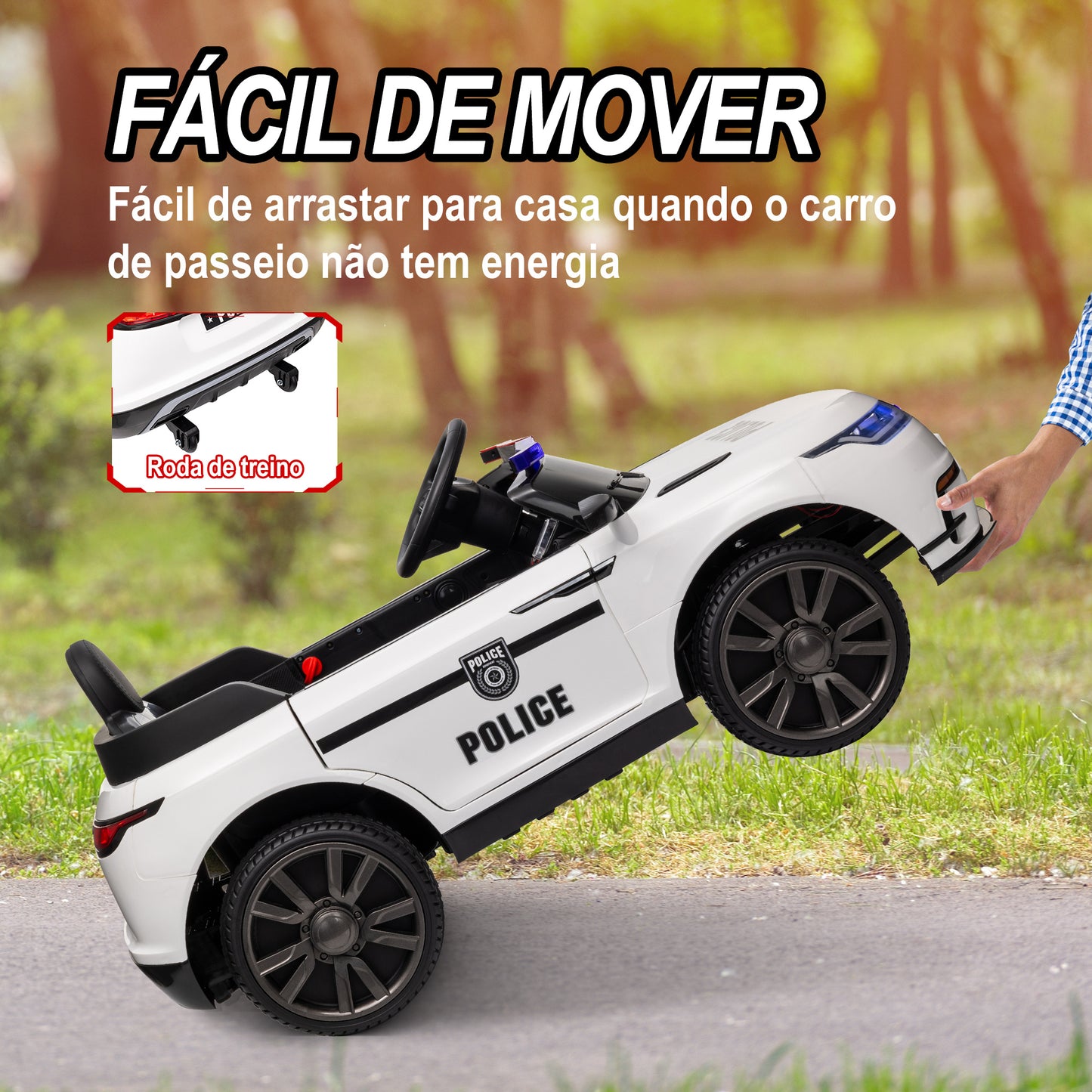 AIYAPLAY Carro Elétrico para Crianças acima de 3 Anos Carro Elétrico Infantil de Policia com Bateria 12V Controlo Remoto Farol Buzina Sirene Música e Roda de Treino 112x66x50 cm Branco