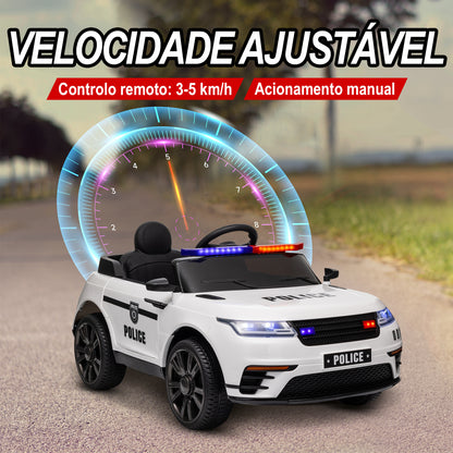 AIYAPLAY Carro Elétrico para Crianças acima de 3 Anos Carro Elétrico Infantil de Policia com Bateria 12V Controlo Remoto Farol Buzina Sirene Música e Roda de Treino 112x66x50 cm Branco