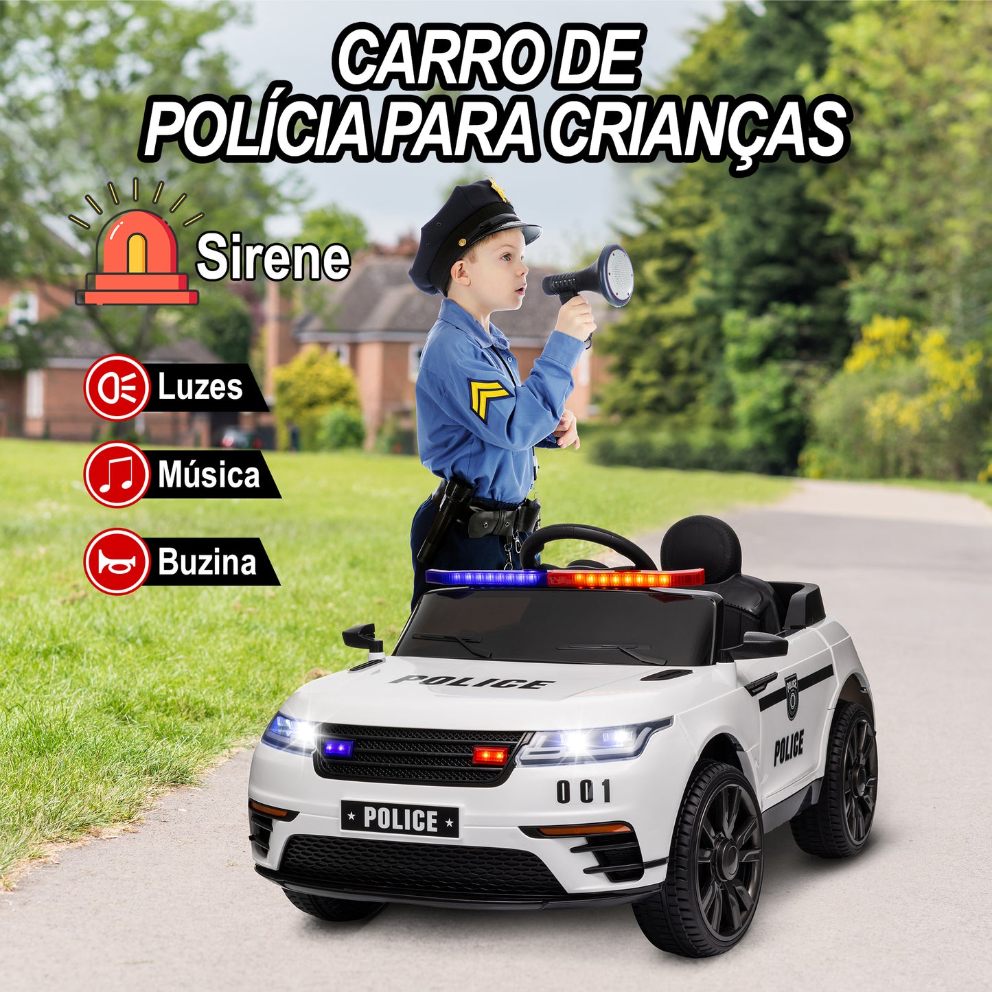 AIYAPLAY Carro Elétrico para Crianças acima de 3 Anos Carro Elétrico Infantil de Policia com Bateria 12V Controlo Remoto Farol Buzina Sirene Música e Roda de Treino 112x66x50 cm Branco