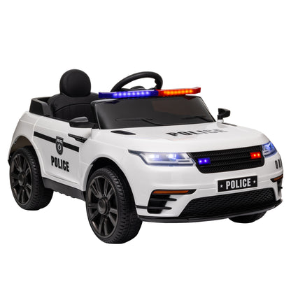 AIYAPLAY Carro Elétrico para Crianças acima de 3 Anos Carro Elétrico Infantil de Policia com Bateria 12V Controlo Remoto Farol Buzina Sirene Música e Roda de Treino 112x66x50 cm Branco