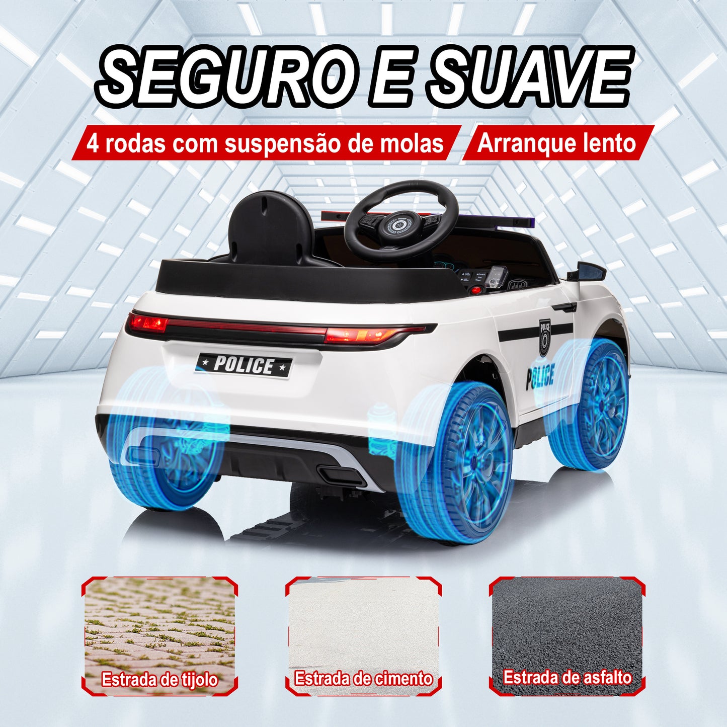 AIYAPLAY Carro Elétrico para Crianças acima de 3 Anos Carro Elétrico Infantil de Policia com Bateria 12V Controlo Remoto Farol Buzina Sirene Música e Roda de Treino 112x66x50 cm Branco