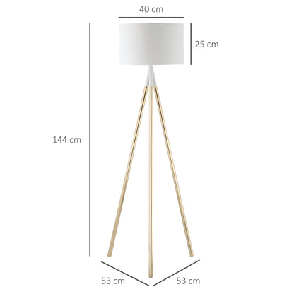 HOMCOM Candeeiro de Pé com Tripé de Metal Suporte para Lâmpadas E27 Máx. 40W Ecrã de Tecido e Interruptor de Pé Candeeiro de Pé Moderno para Sala de Estar Dormitório Ø53x144cm Branco e Dourado