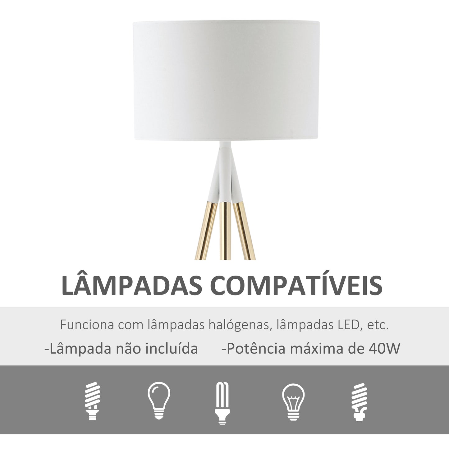 HOMCOM Candeeiro de Pé com Tripé de Metal Suporte para Lâmpadas E27 Máx. 40W Ecrã de Tecido e Interruptor de Pé Candeeiro de Pé Moderno para Sala de Estar Dormitório Ø53x144cm Branco e Dourado