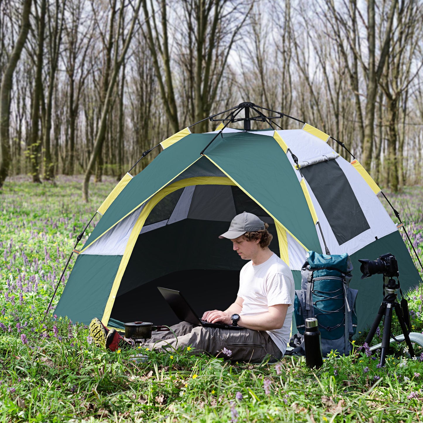 Outsunny Tenda de Campismo para 3 Pessoas Tenda de Campismo Dobrável com 1 Porta 3 Janelas Bolsa de Transporte e Abertura Automática para Praia Parque 205x195x135 cm Verde