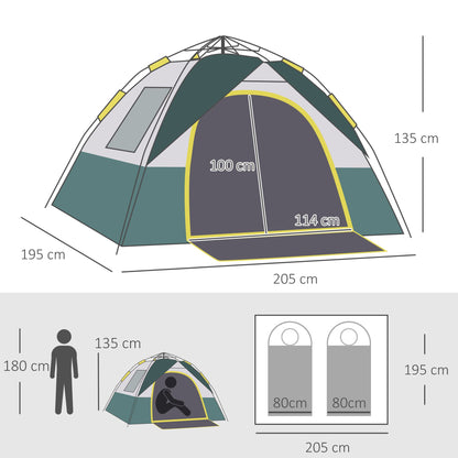 Outsunny Tenda de Campismo para 3 Pessoas Tenda de Campismo Dobrável com 1 Porta 3 Janelas Bolsa de Transporte e Abertura Automática para Praia Parque 205x195x135 cm Verde