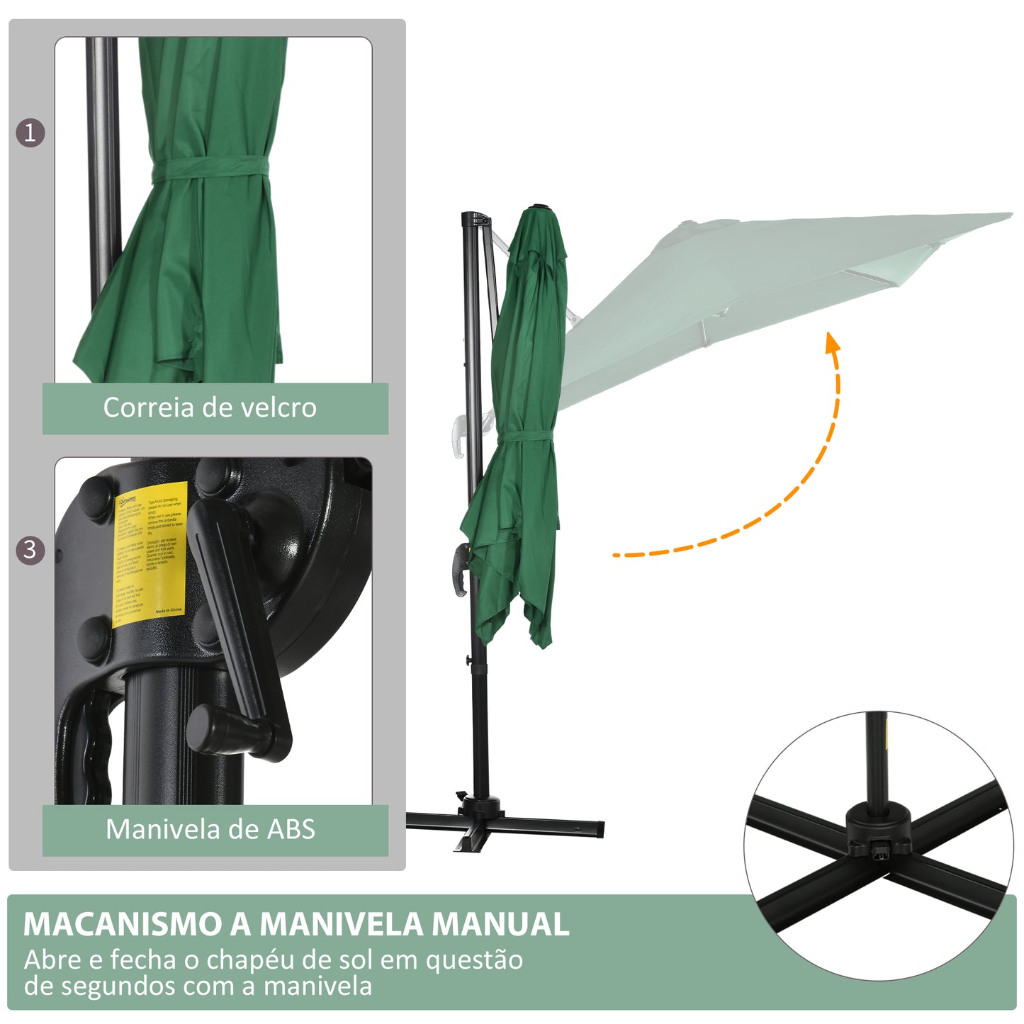 HOMCOM Chapéu de Sol de Jardim 245x245x245 cm Chapéu de Sol Excêntrico com Rotação 360° Inclinação de 3 Níveis com Manivela e Ventilação para Pátio Terraço Verde