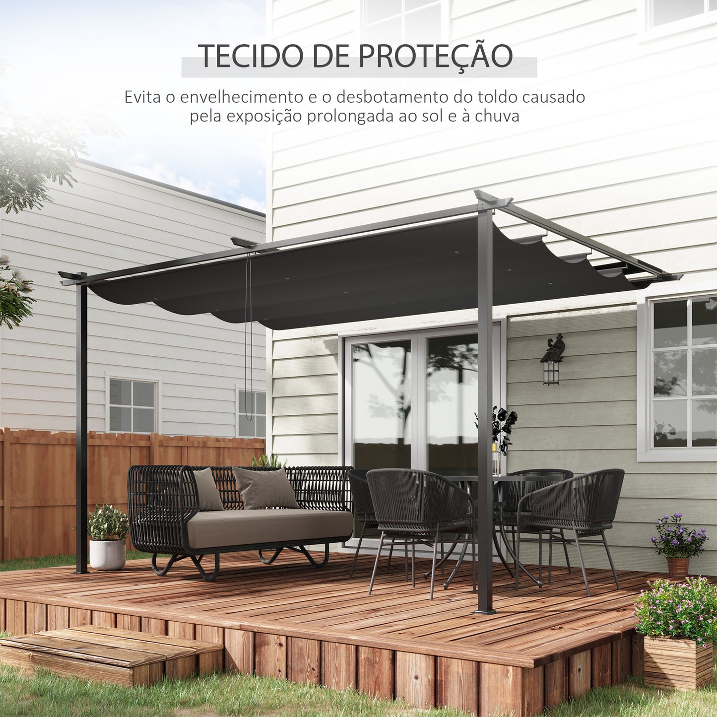 Outsunny Pérgola de Parede de Jardim 3,9x2,9 m Pérgola com Teto Retrátil Tecido de Poliéster e Estrutura de Aço para Pátio Varanda Cinza Escuro