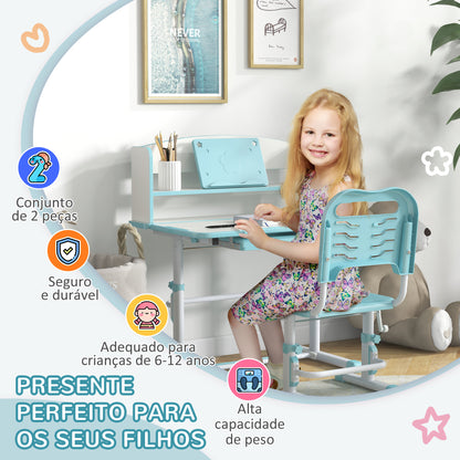 ZONEKIZ Conjunto de Secretária e Cadeira para Crianças de 6-12 Anos Secretária para Crianças com Altura Ajustável com 1 Gaveta 1 Prateleira para Livros e Ângulo da Mesa Ajustável 80x54,5x82-104 cm Azul