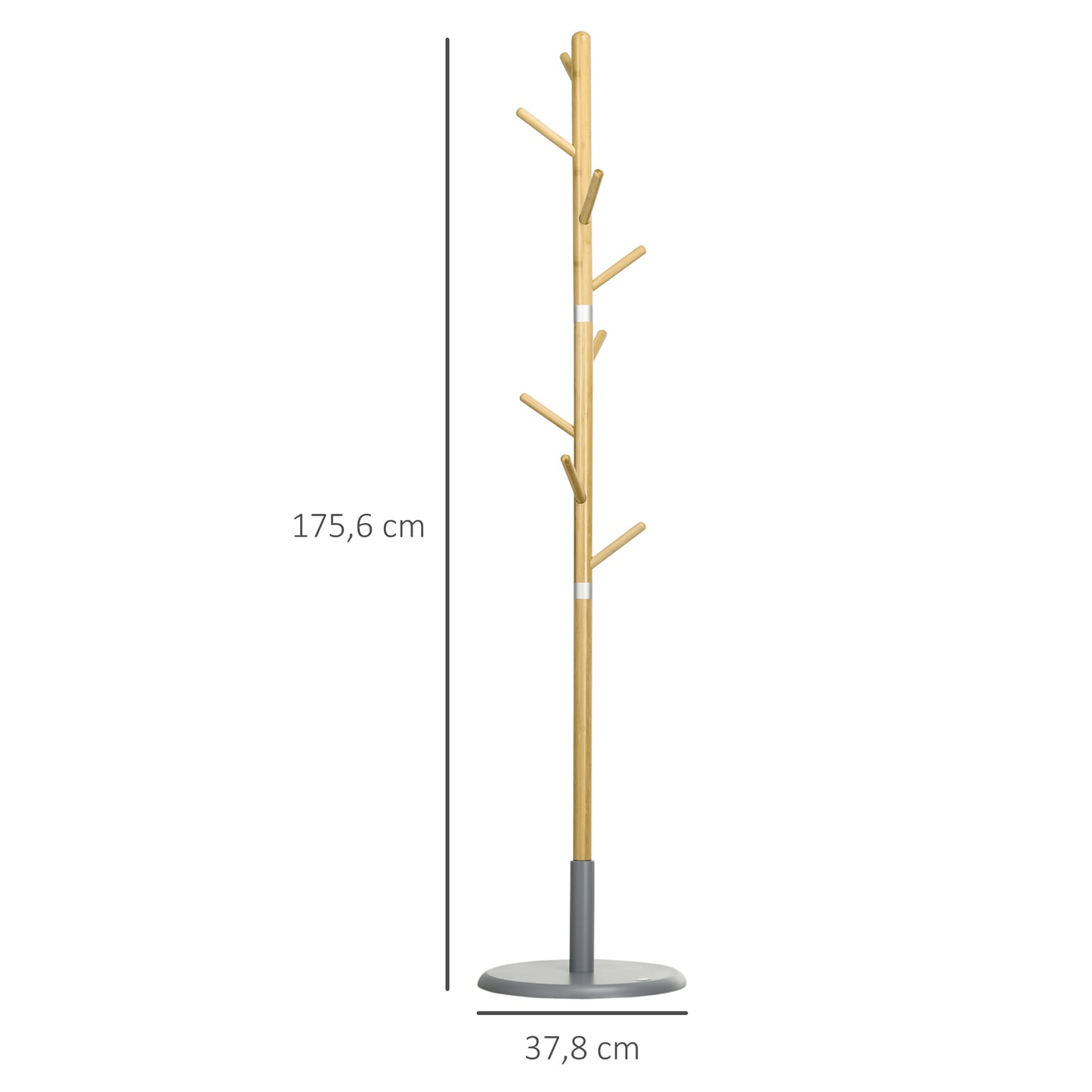 HOMCOM Cabide de Pé de Bambu Cabide de Pé Moderno com 8 Ganchos para Roupas Bolsas Cabide em Forma de Árvore para Entrada Dormitório Ø37,8x175,6 cm Madeira e Cinza