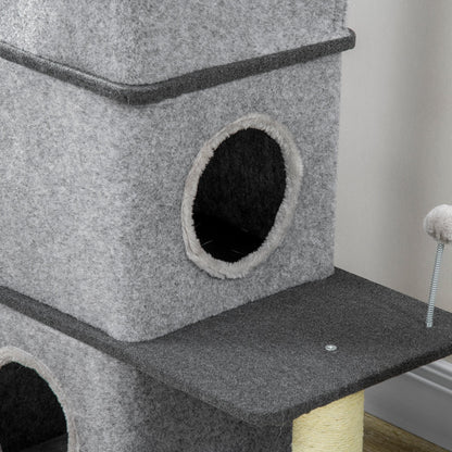 PawHut Arranhador em Forma de Cilindro para Gatos com 3 Níveis Altura 102cm Torre para Gatos com Casa de Feltro Desmontável Poste de Sisal Cama e Bola de Brincar 60x40x120cm Cinza