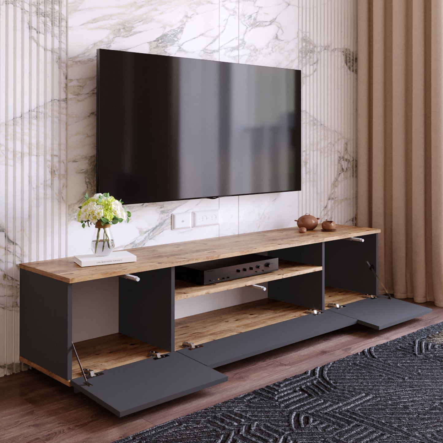 Móvel de TV "Nova" – Pinho Atlântico e Antracite - 180x44.5x44.6 cm – Design Moderno