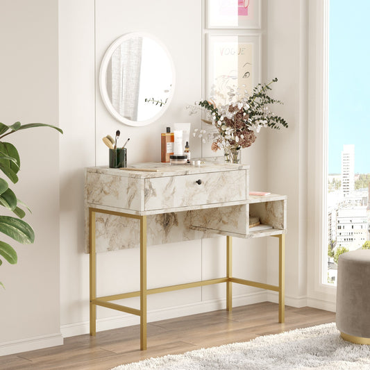 Toucador com Espelho "Aurora" – Dourado e Branco Mármore - 87.6x40x78.1 cm – Design Moderno