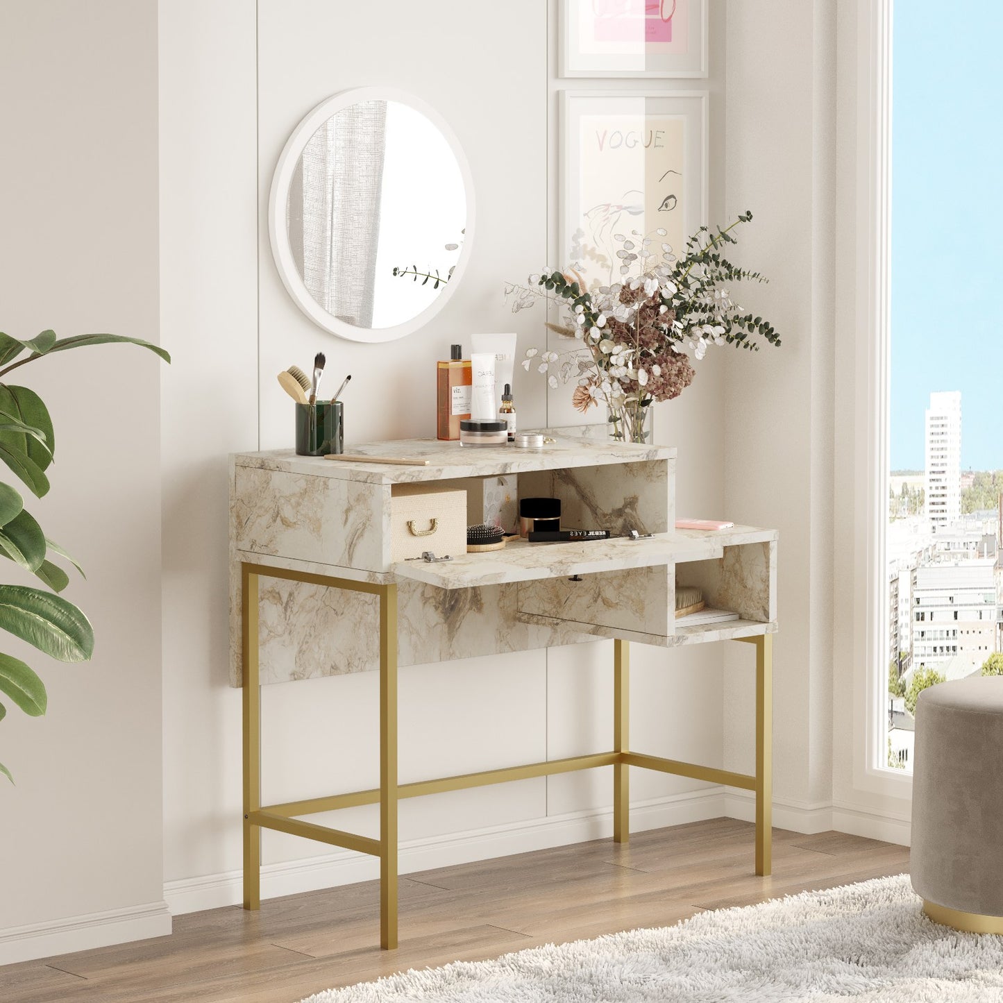 Toucador com Espelho "Aurora" – Dourado e Branco Mármore - 87.6x40x78.1 cm – Design Moderno