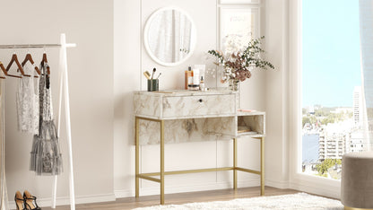 Toucador com Espelho "Aurora" – Dourado e Branco Mármore - 87.6x40x78.1 cm – Design Moderno