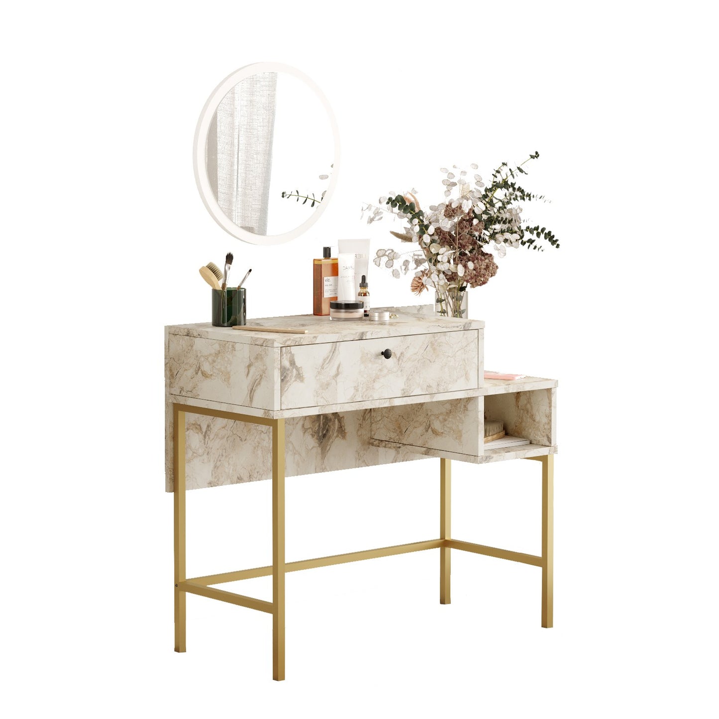 Toucador com Espelho "Aurora" – Dourado e Branco Mármore - 87.6x40x78.1 cm – Design Moderno