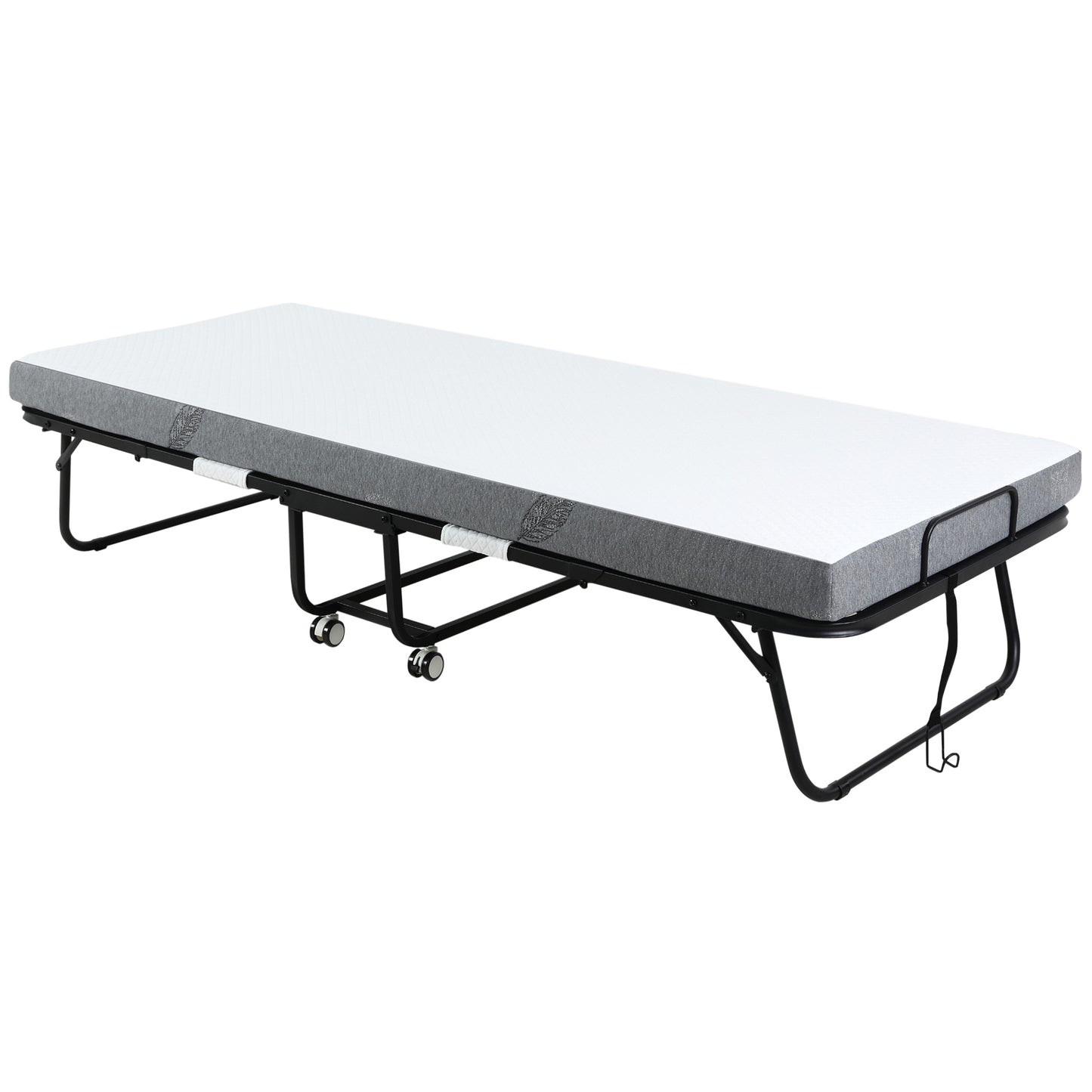 HOMCOM Cama Dobrável 200x75x42,5cm Cama de Campismo Portátil com Colchão Individual Rodas e Freios Carga Máxima 150kg para Dormitórios Branco