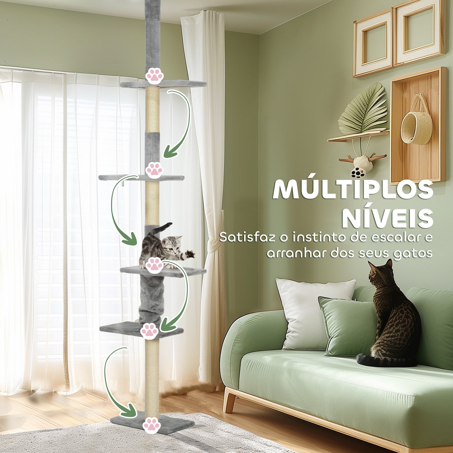 PawHut Arranhador para Gatos do Chão ao Teto 225-275 cm Arranhador para Gatos Torre para Gatos com Múltiplas Plataformas Sistema Anti-Tombo Cinza Claro