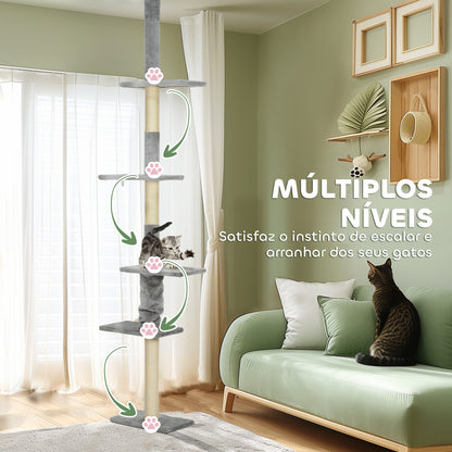 PawHut Arranhador para Gatos do Chão ao Teto 225-275 cm Arranhador para Gatos Torre para Gatos com Múltiplas Plataformas Sistema Anti-Tombo Cinza Claro