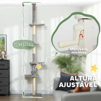 PawHut Arranhador para Gatos do Chão ao Teto 225-275 cm Arranhador para Gatos Torre para Gatos com Múltiplas Plataformas Sistema Anti-Tombo Cinza Claro