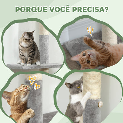 PawHut Arranhador para Gatos do Chão ao Teto 225-275 cm Arranhador para Gatos Torre para Gatos com Múltiplas Plataformas Sistema Anti-Tombo Cinza Claro