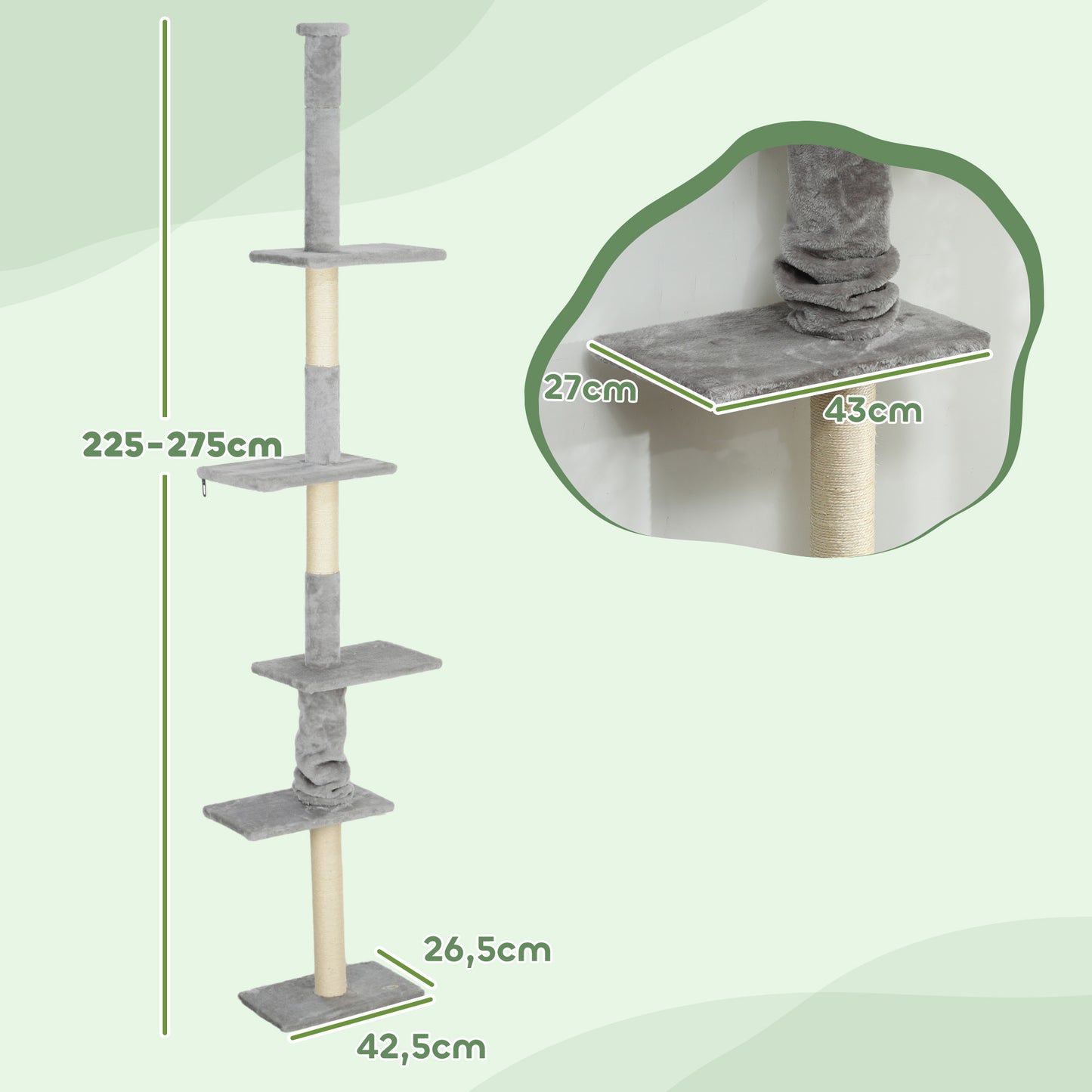 PawHut Arranhador para Gatos do Chão ao Teto 225-275 cm Arranhador para Gatos Torre para Gatos com Múltiplas Plataformas Sistema Anti-Tombo Cinza Claro