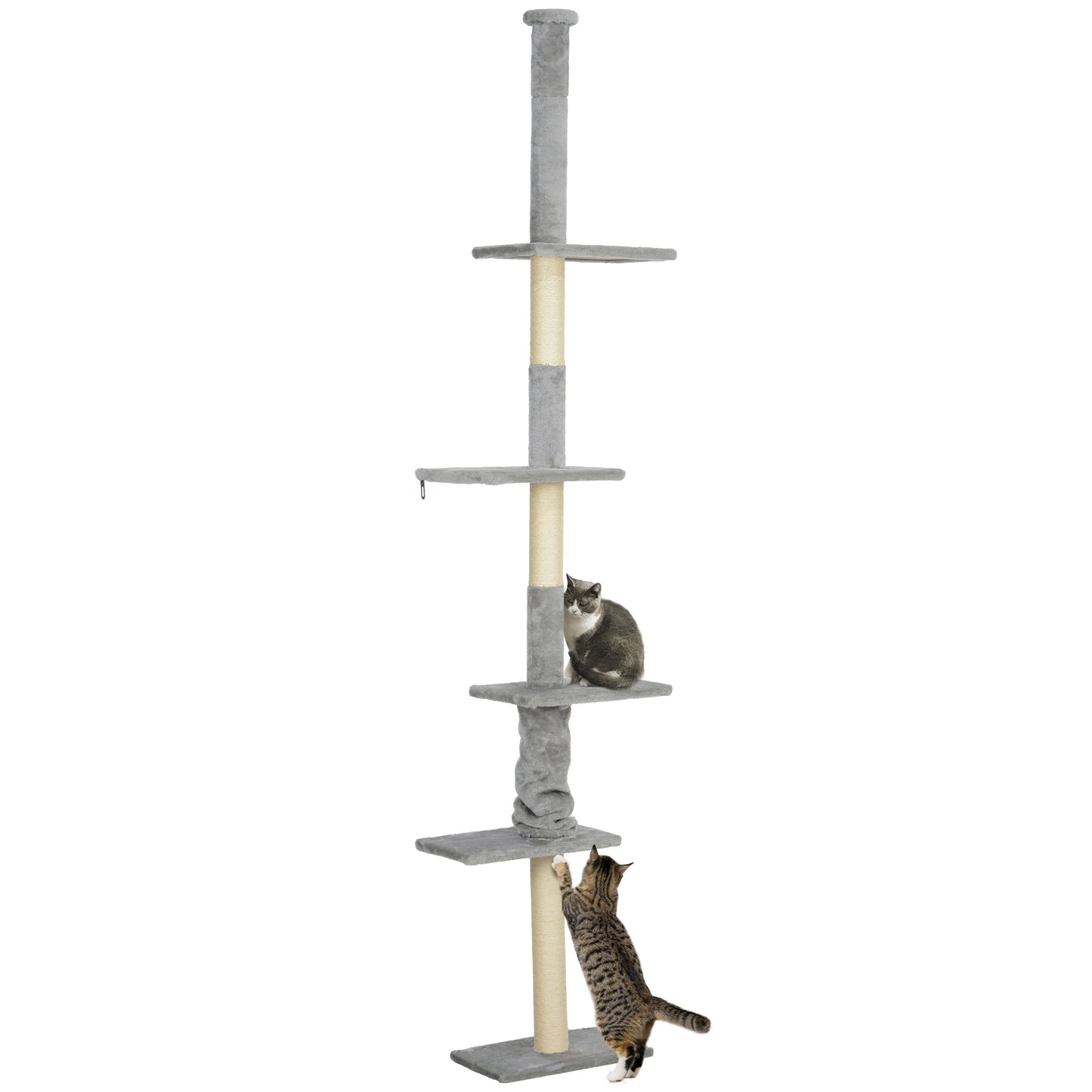 PawHut Arranhador para Gatos do Chão ao Teto 225-275 cm Arranhador para Gatos Torre para Gatos com Múltiplas Plataformas Sistema Anti-Tombo Cinza Claro