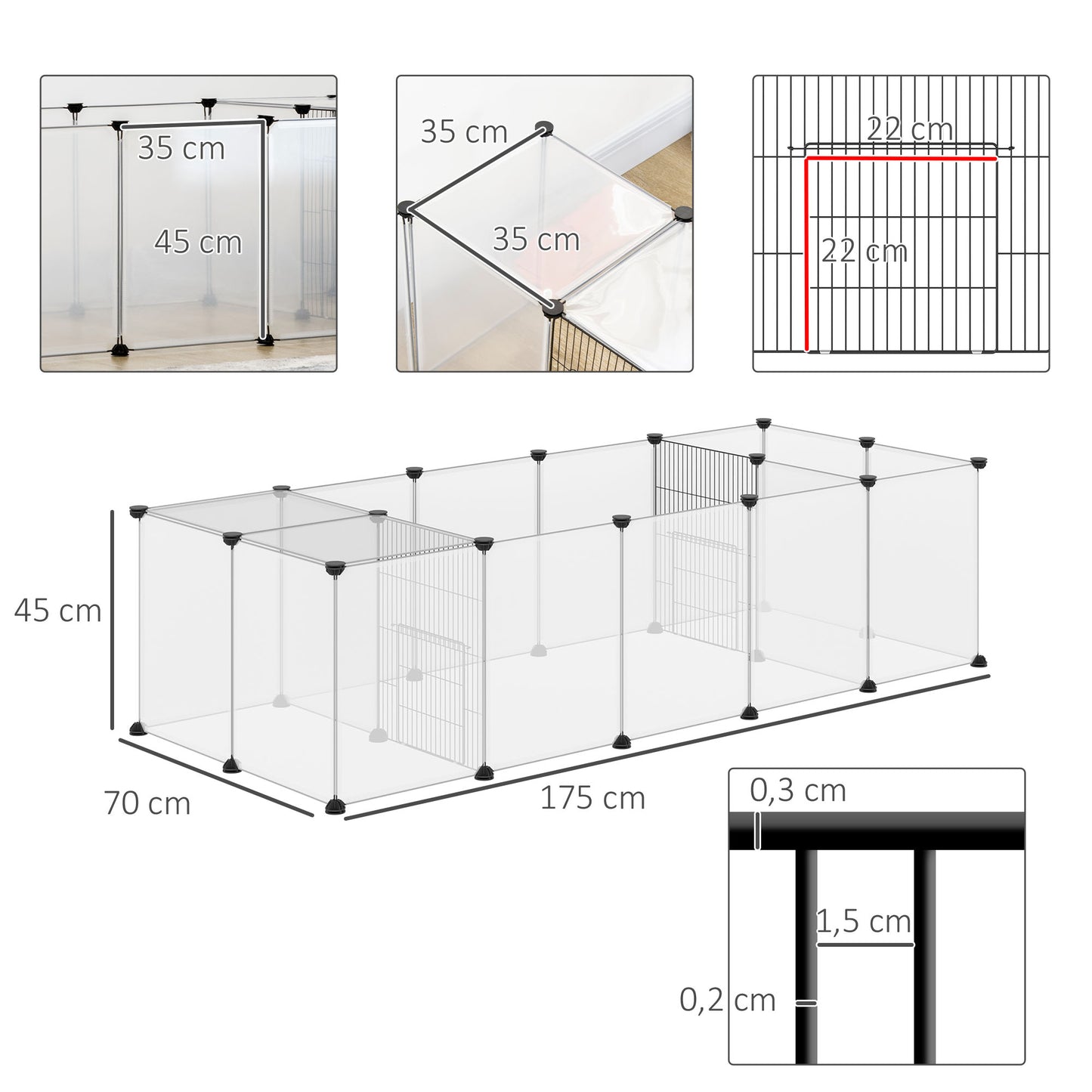 PawHut Recinto para Animais de Estimação DIY com 20 Painéis de Resina Parque para Pequenos Animais Recinto Modular para Porquinho da Índia Chinchilas 175x70x45 cm Branco Translúcido