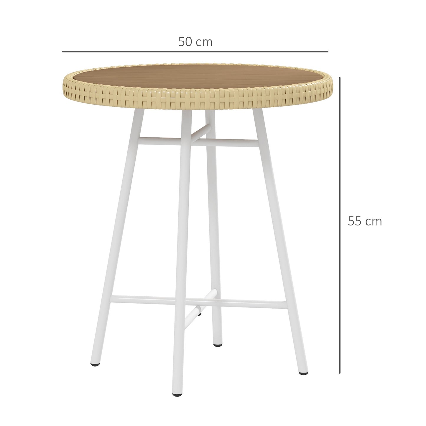 Outsunny Mesa Auxiliar de Vime Sintético Mesa de Centro Redonda com Bancada de Madeira Plástica e Estrutura de Aço Galvanizado Carga Máxima 30 kg para Varanda Jardim 50x50x55 cm Madeira e Bege