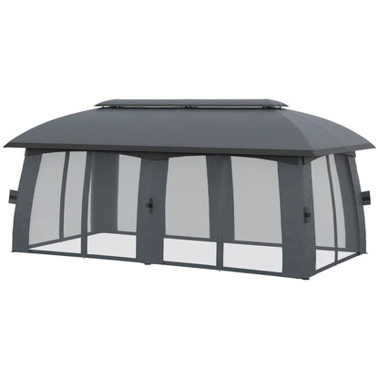 Pérgola de Jardim 3x6m com Teto Duplo com 6 Telas Mosquiteiras Zíper e Estrutura de Metal Cinza Escuro