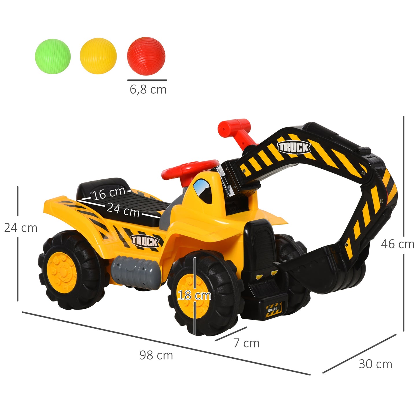 HOMCOM 4 em 1 Escavadeira Brinquedo para Crianças Acima de 3 Anos Trator Infantil com Pá Caixa de Armazenamento Escondido Cesta de Basquete Volante Rotativo 98x30x46cm Amarelo