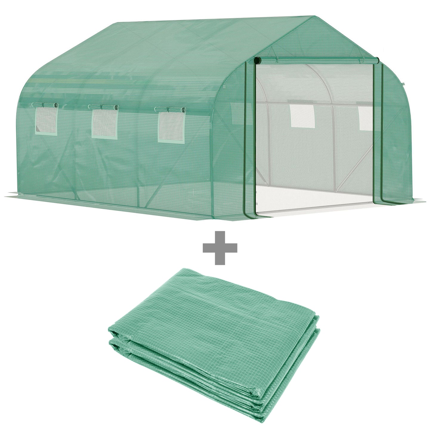 Outsunny Conjunto de Estufa Tipo Túnel e Cobertura de Substituição com Porta e 6 Janelas Enroláveis Anti UV para Cultivos de Plantas Flores 350x300x200 cm Verde