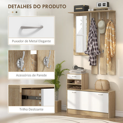 Conjunto de Entrada Dhyana Branco/Carvalho- Sapateira, Espelho e Cabide - Design Contemporâneo