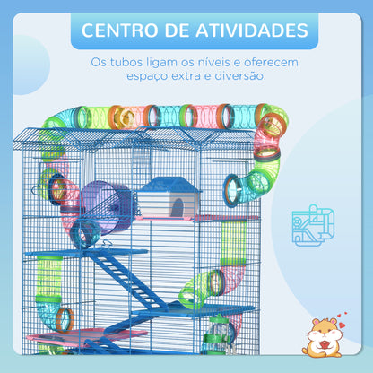 PawHut Gaiola de hamster Habitat de pequenos animais com várias plataformas, sistema de tubos 47x30x59 cm azul