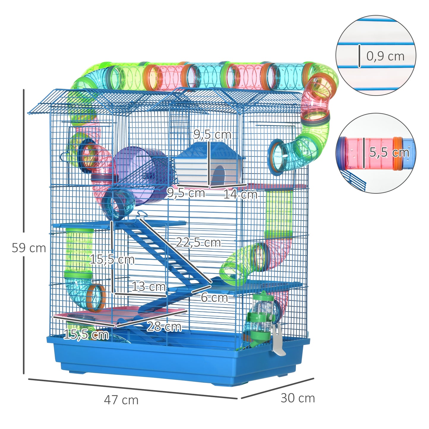 PawHut Gaiola de hamster Habitat de pequenos animais com várias plataformas, sistema de tubos 47x30x59 cm azul