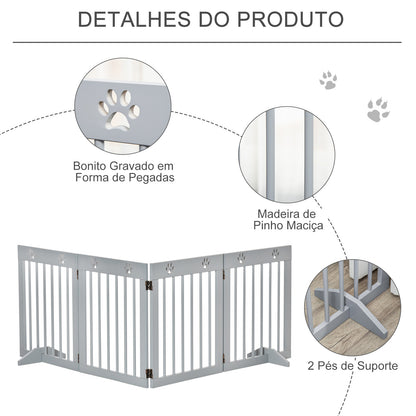 PawHut Barreira de Segurança Dobrável para Cães Grade de Proteção de 4 Painéis com Pés para Portas Escadas Corredor 204x30x61 cm Cinza