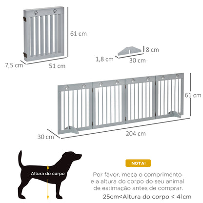 PawHut Barreira de Segurança Dobrável para Cães Grade de Proteção de 4 Painéis com Pés para Portas Escadas Corredor 204x30x61 cm Cinza