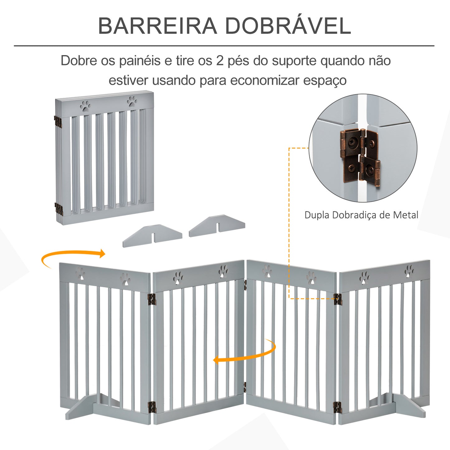 PawHut Barreira de Segurança Dobrável para Cães Grade de Proteção de 4 Painéis com Pés para Portas Escadas Corredor 204x30x61 cm Cinza