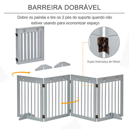 PawHut Barreira de Segurança Dobrável para Cães Grade de Proteção de 4 Painéis com Pés para Portas Escadas Corredor 204x30x61 cm Cinza