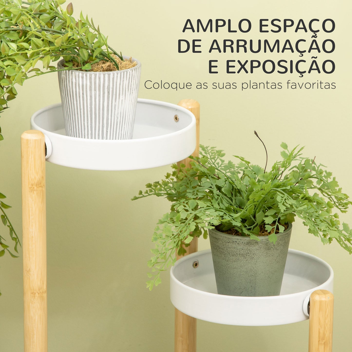 Outsunny Suporte para Plantas Prateleira para Plantas com Pés de Bambu Estante para Flores com 4 Prateleiras Redondas Carga Máxima 20 kg para Interior e Exterior Ø28x80 cm Madeira e Branco